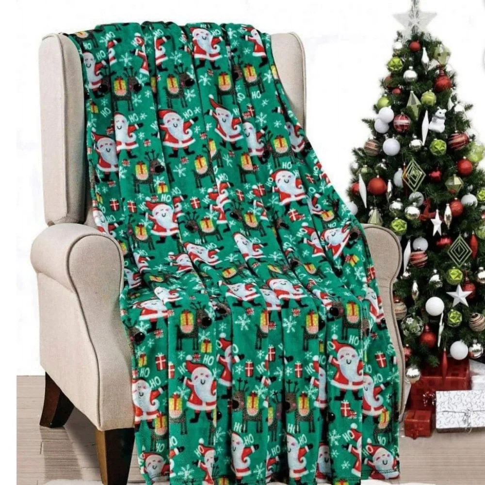 Holiday Blanket, Printed Soft Plush Throw, 50” x 60” - Green Joyful Santa